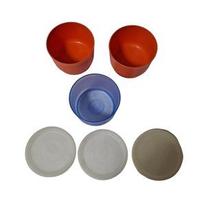 Vintage Tupperware Snack Cups 1229 Orange Clear Blue Lids Lot x 3 Small Bowl